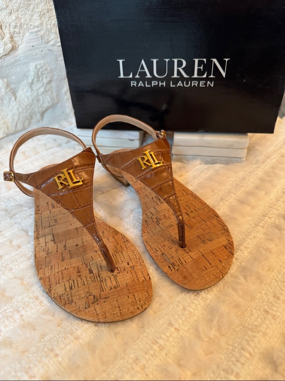 Lauren Ralph Lauren Brown Cork Thong Sandals with Gold RL Accent